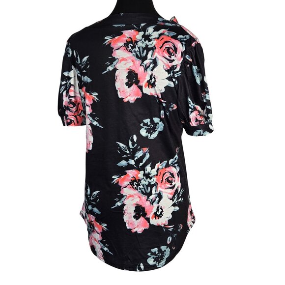 NWOT | Black Pink Floral Print V-Neck Tunic Top Puff Sleeve Hi-Low Hem | Medium - Picture 2 of 5